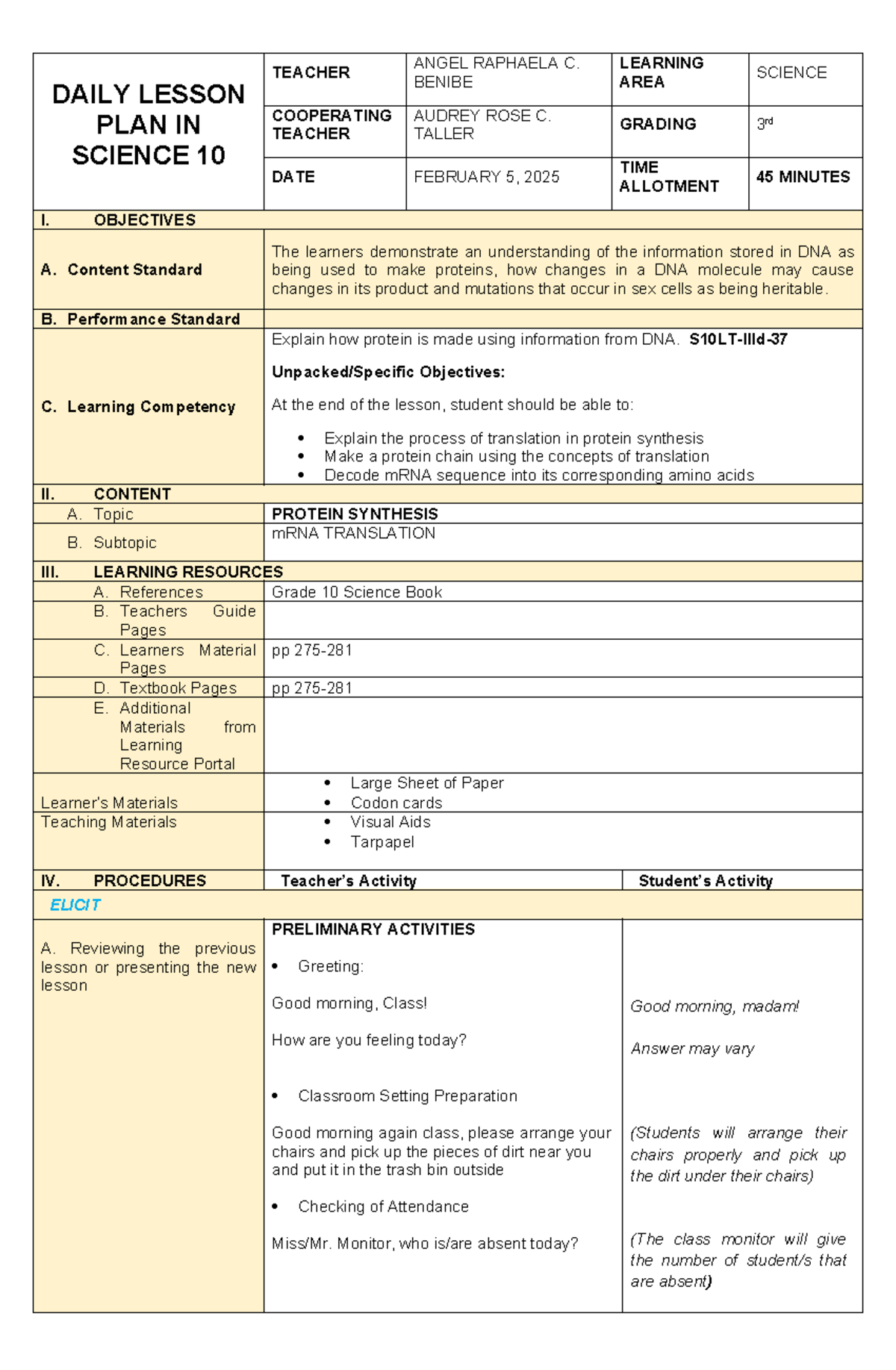 DAILY LESSON PLAN: PROTEIN SYNTHESIS IN SCIENCE 10 - Studocu