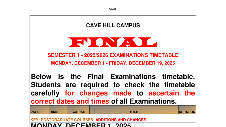 FINAL EXAM TIMETABLE FOR CAVE HILL CAMPUS SEMESTER 1, 2025 - Studocu