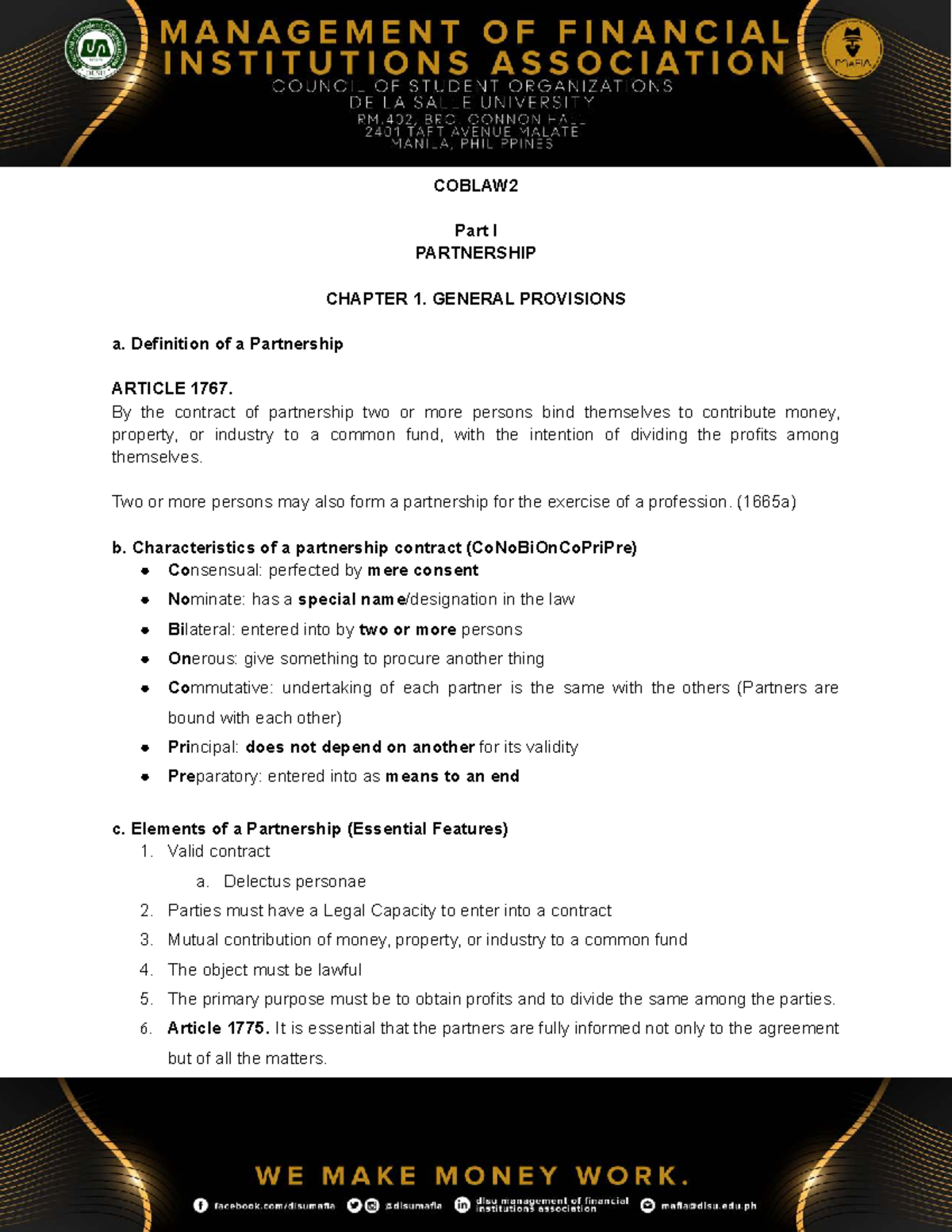 COBLAW2 Final Exam: Partnership Chapter 1 - General Provisions - Studocu