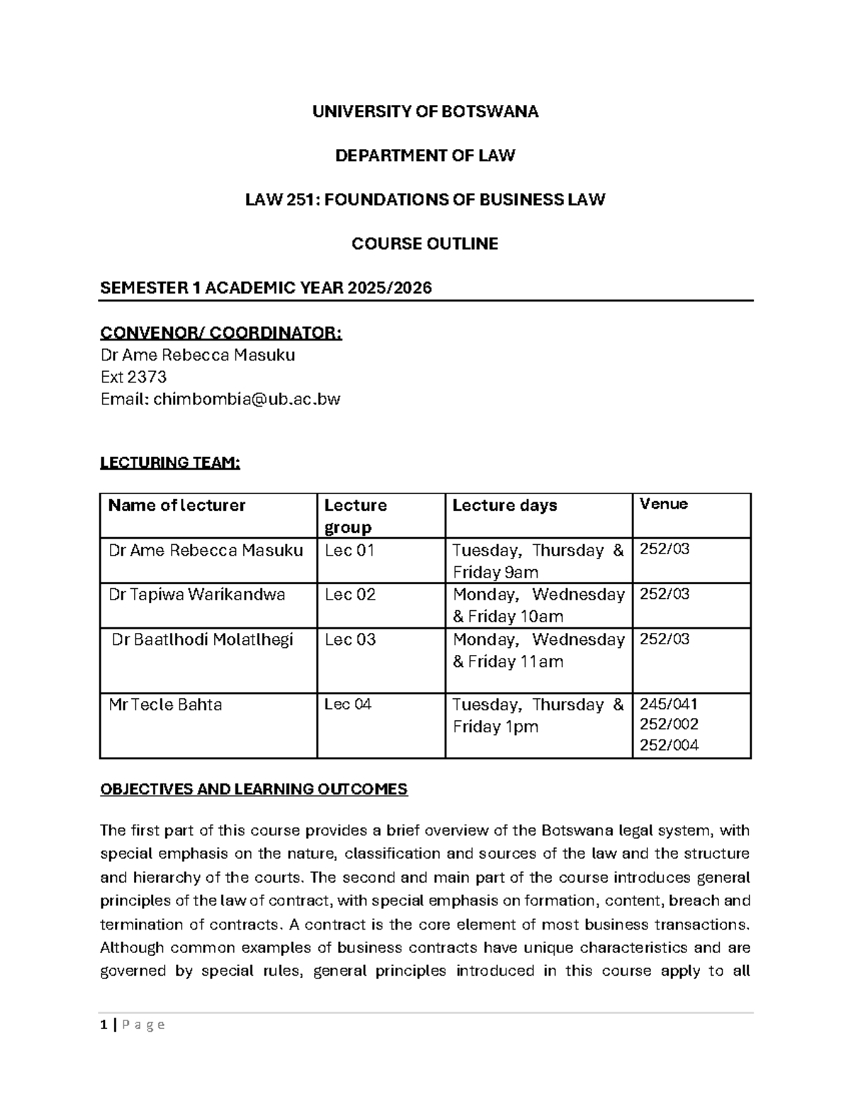 LAW 251: Revised Course Outline for Foundations of Business Law - Studocu