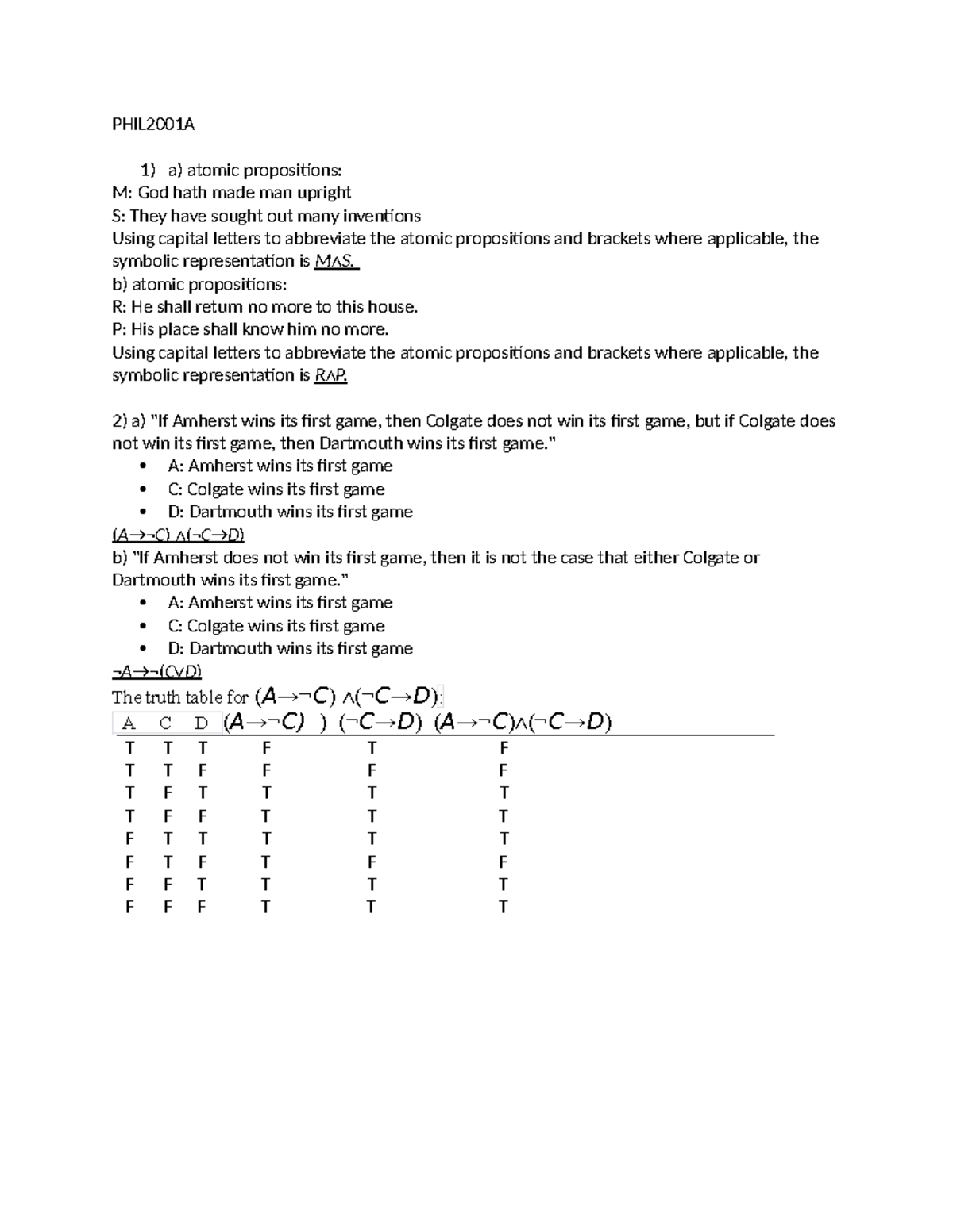 PHIL2001A Assignment #1: Logical Propositions & Truth Tables - Studocu