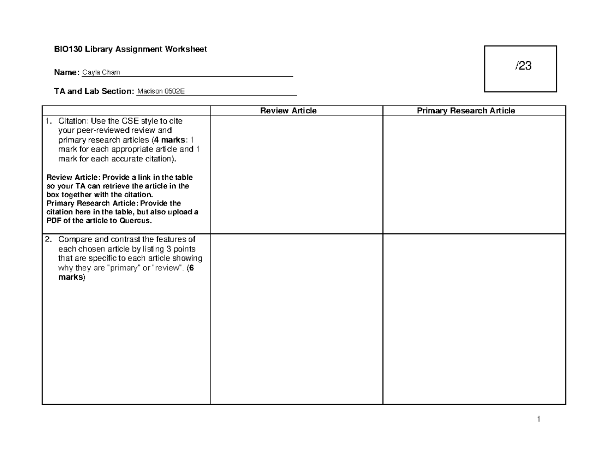 BIO130 Library Assignment Worksheet: Review & Research Articles - Studocu
