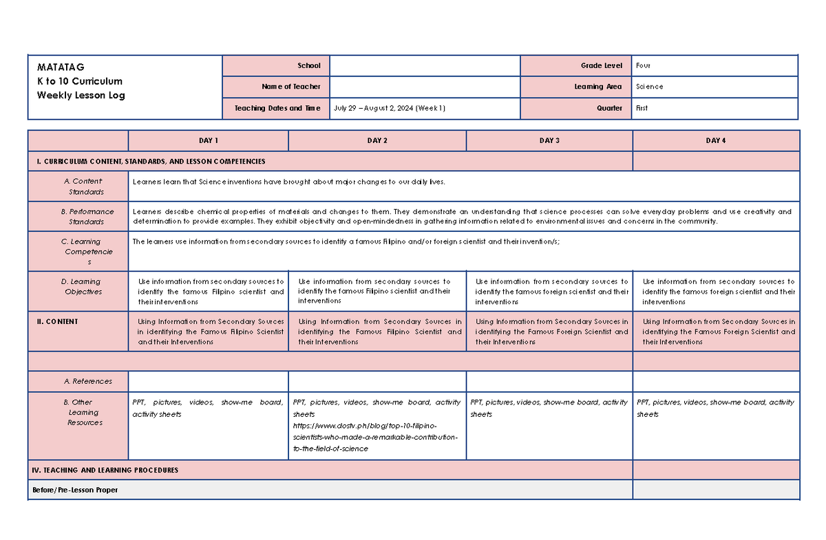 Science 4 Q1 W1 LE - MATATAG K to 10 Curriculum Weekly Lesson Log ...