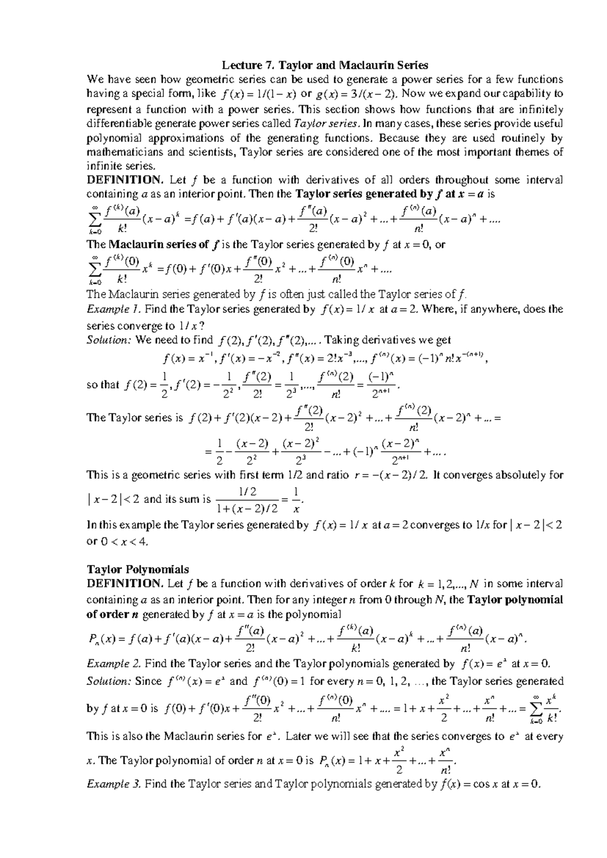 Lecture 7: Taylor and Maclaurin Series in Calculus 2 (2025) - Studocu