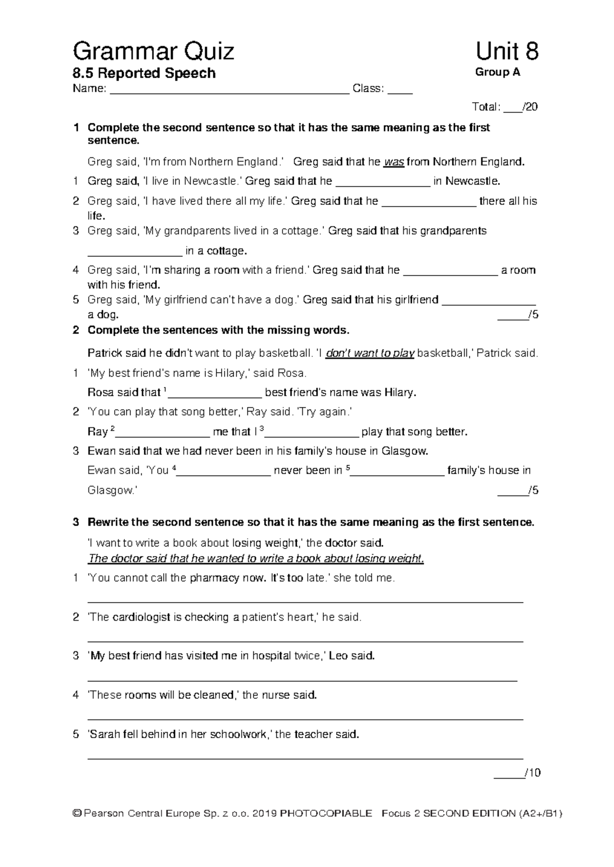 Focus 2 2ed Grammar Quiz Unit 8.5 Reported Speech Group A - Studocu