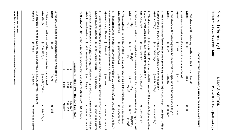 CHEM161 Exam 2 Review Notes - General Chemistry II - Studocu