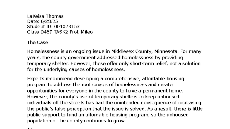 Homelessness in Middlesex County: Task 2 Analysis D459 - Studocu