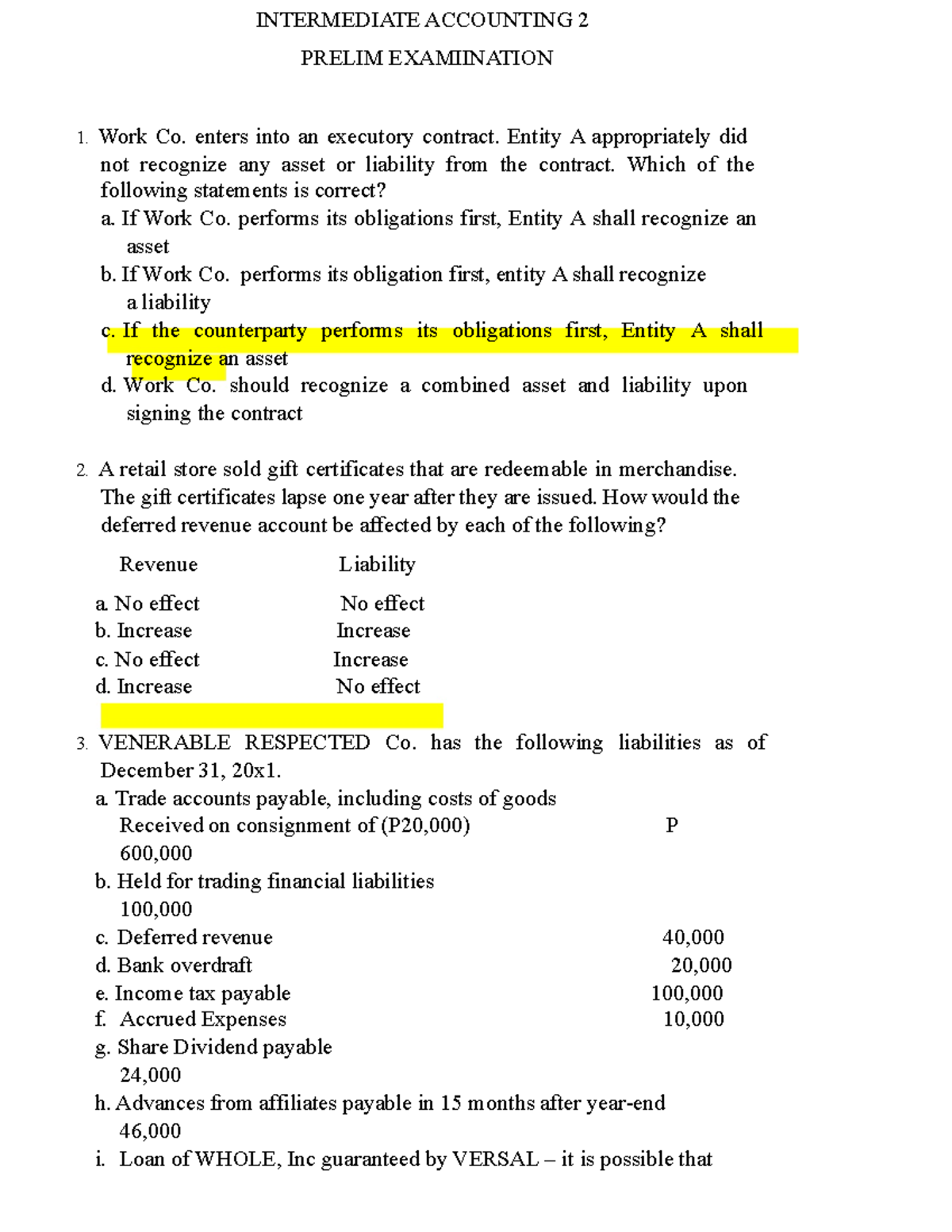 INTERMEDIATE ACCOUNTING 2 PRELIM EXAMINATION 1 - WORK CO. CASE STUDIES ...