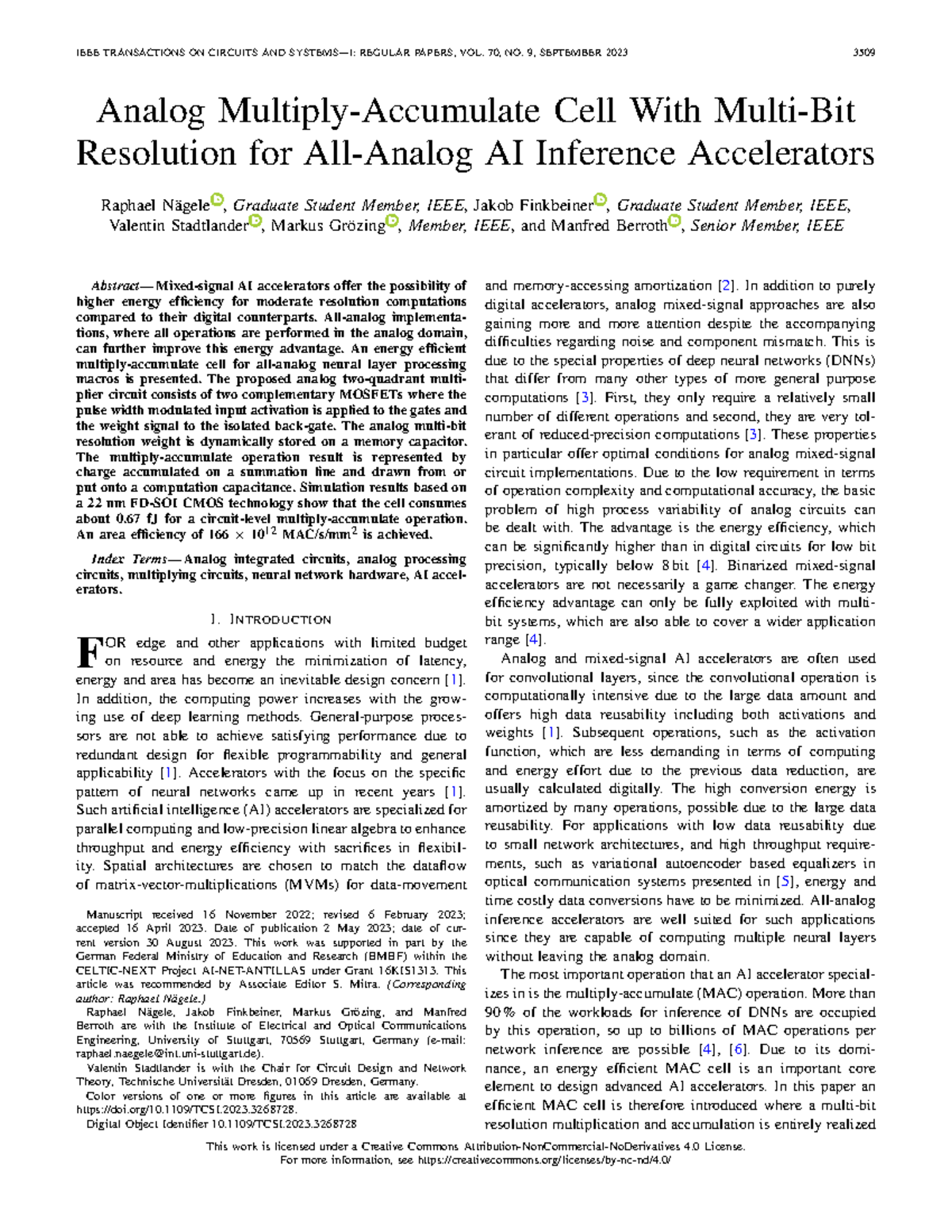 Analog MAC Cell Design for AI Inference Accelerators (Vol. 70, No. 9 ...
