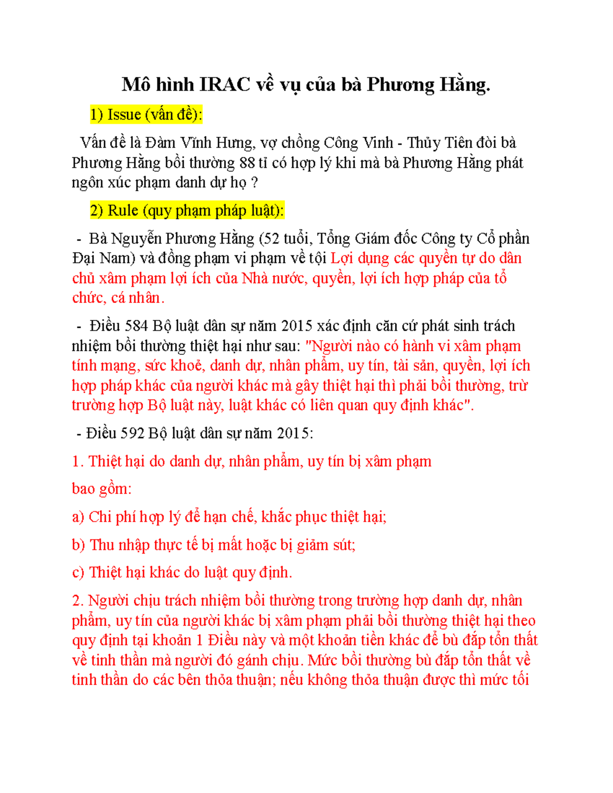 Mô hình IRAC về vụ của bà Phương Hằng - Issue (vấn đề): Vấn đề là Đàm ...