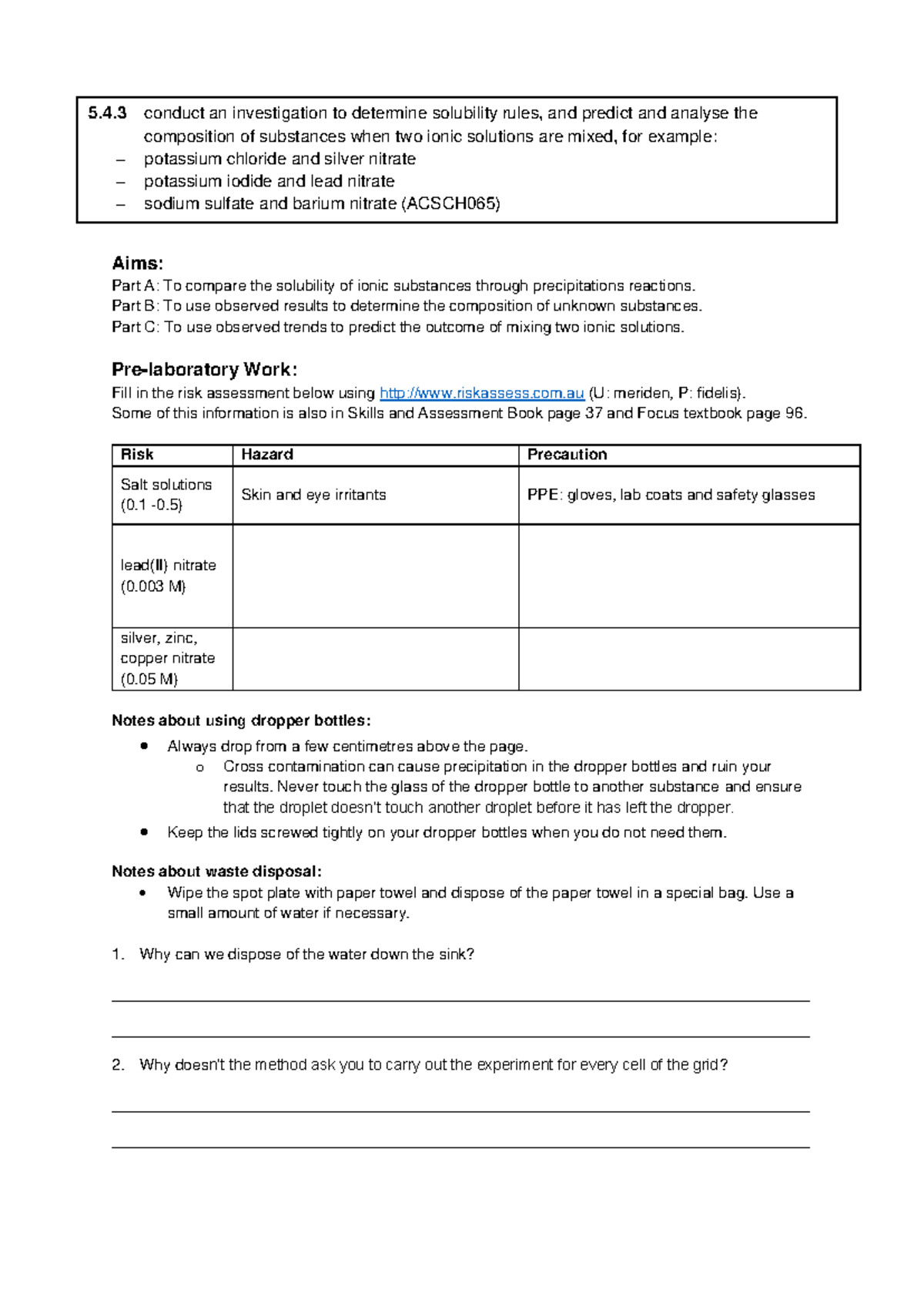 Practical 5.4.3 - Precipitation Reactions and Solubility Worksheet ...