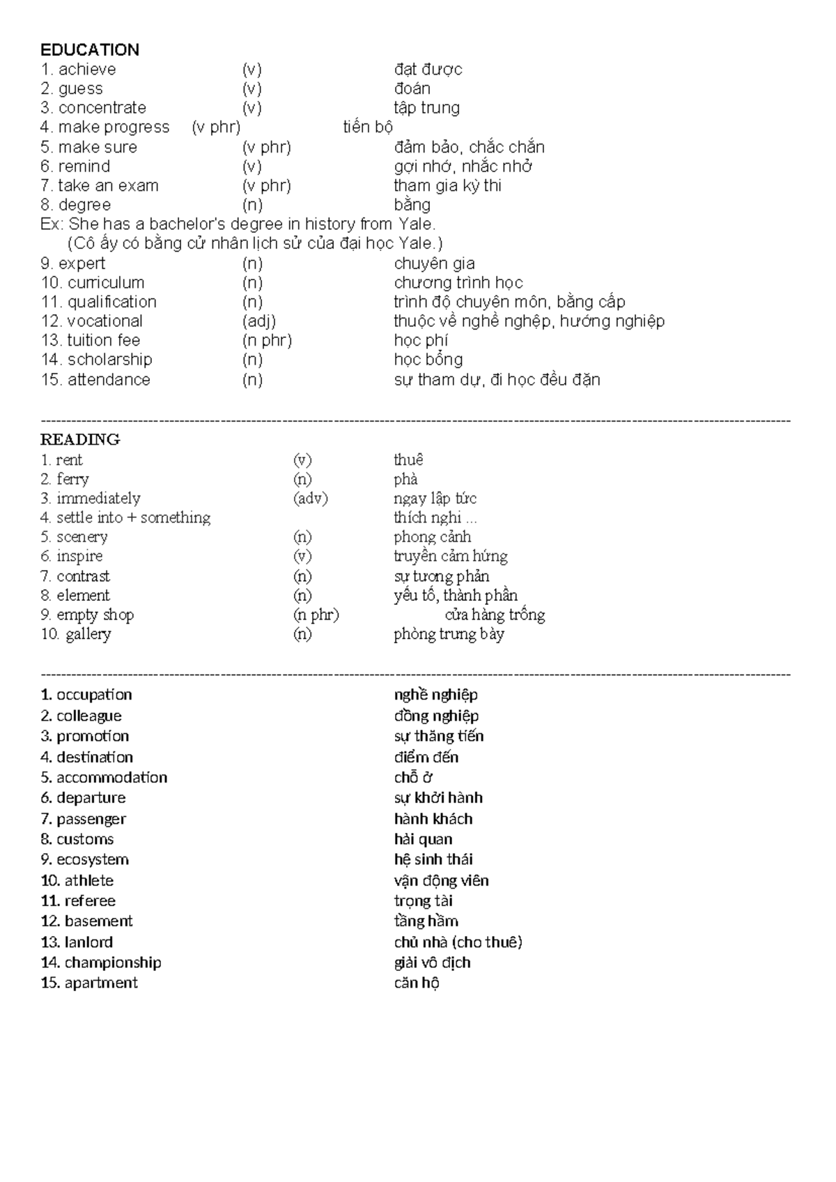EDUCATION 1 - Vocabulary Review and Practice - Studocu
