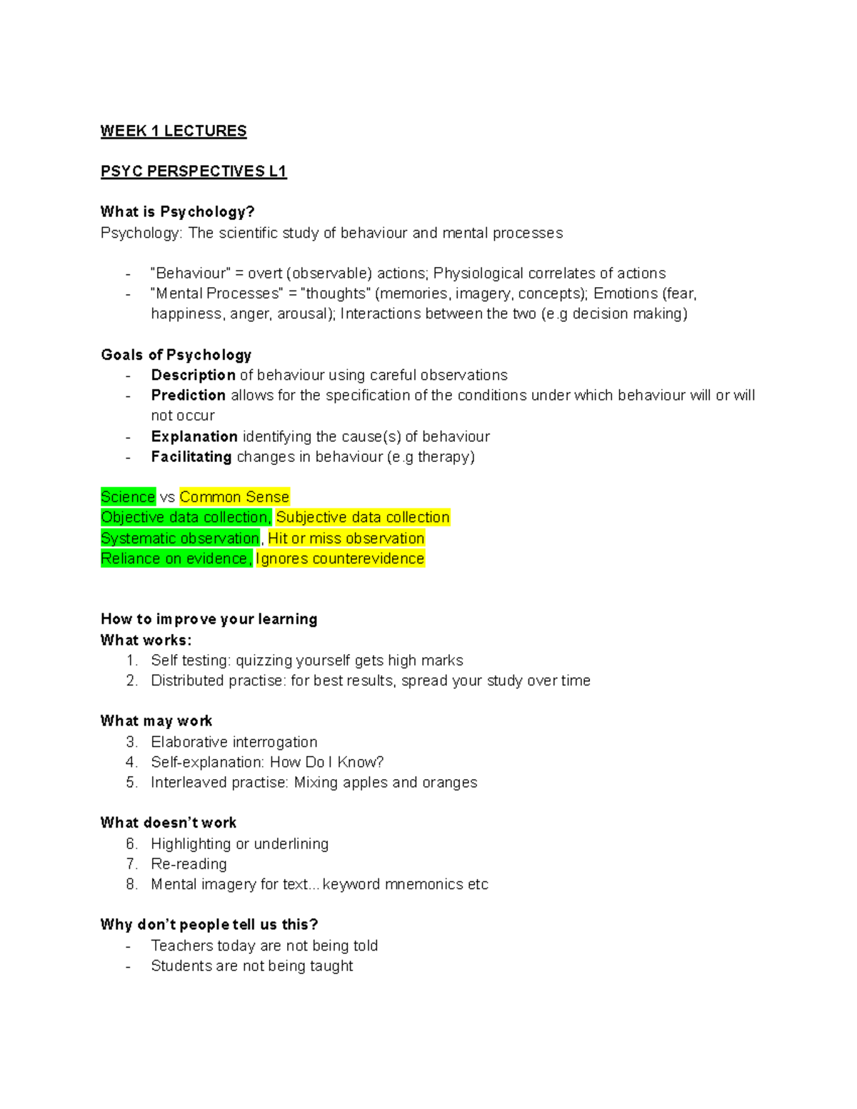 PSYC 1A - WEEK 1 LECTURE NOTES: INTRO TO PSYCHOLOGY - Studocu