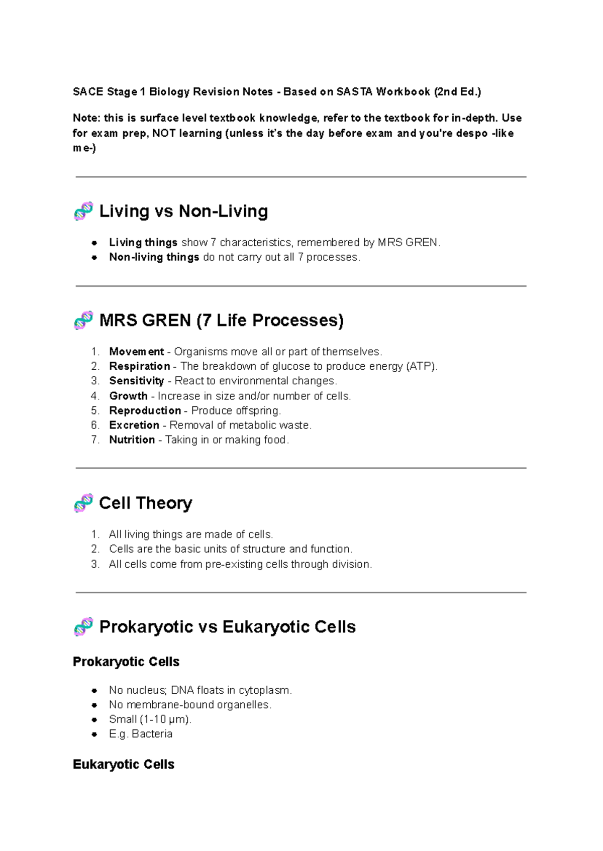 SACE Stage 1 Biology Exam Revision Notes from SASTA Workbook (2nd Ed ...