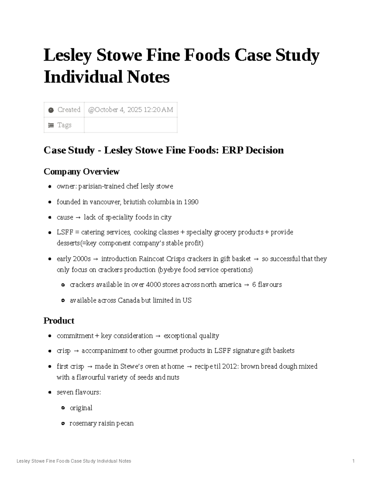 Lesley Stowe Fine Foods Case Study Notes: ERP Decision Analysis - Studocu