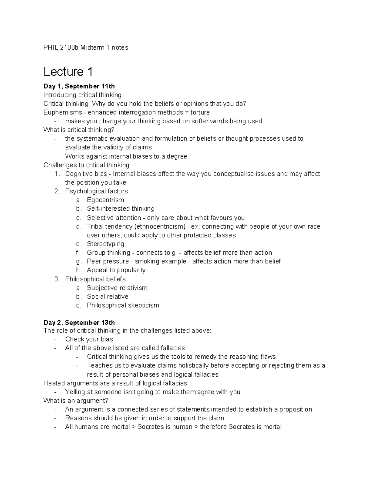 PHIL 2100b Midterm 1 Study Notes on Critical Thinking and Arguments ...