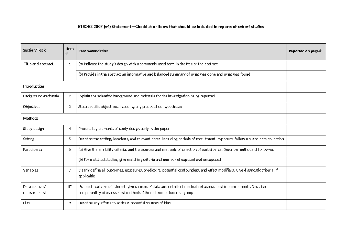 STROBE 2007 Checklist for Reporting Cohort Studies (BMJ-Open) - Studocu