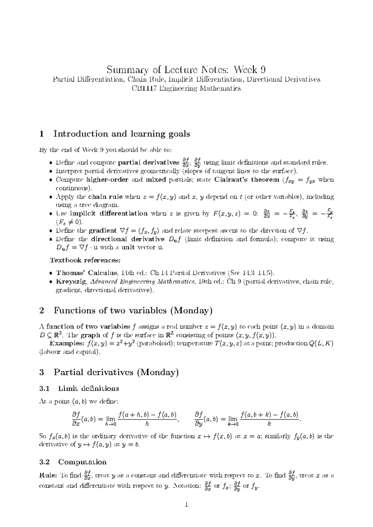 Week 9 Summary Lecture Notes: Partial Chain Rule & Directional ...