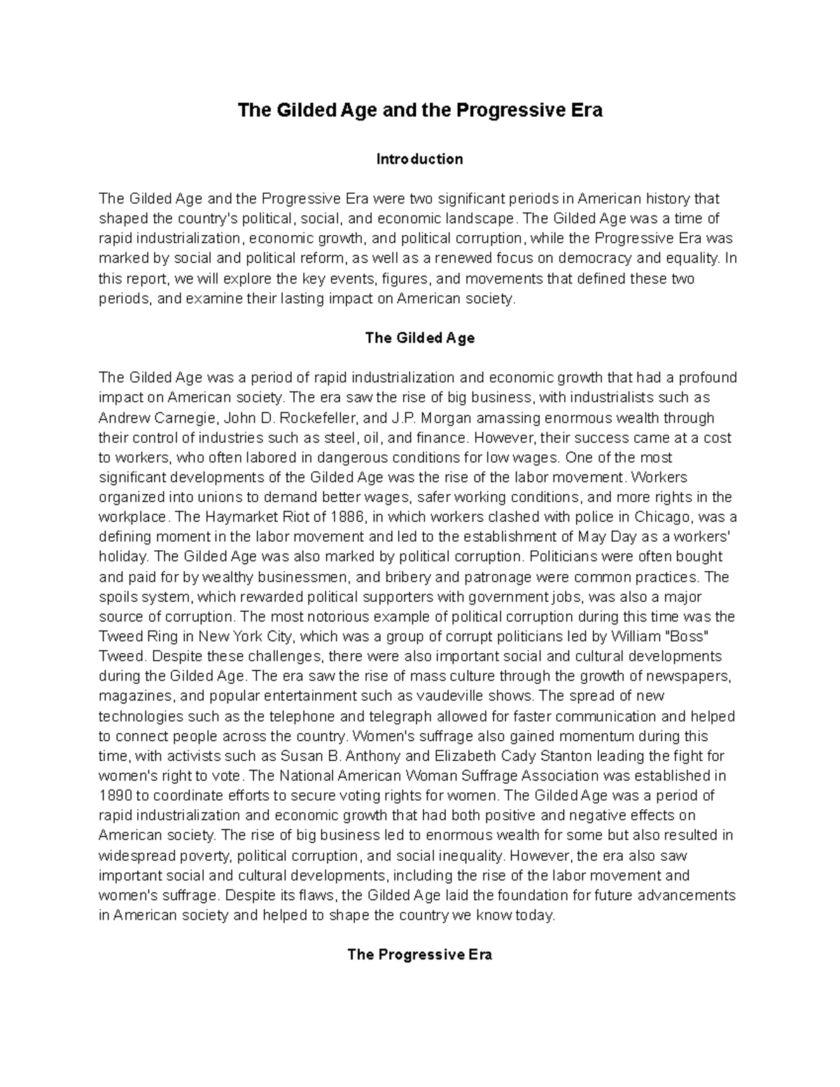 HIST 201: The Gilded Age and Progressive Era Overview and Impact - Studocu