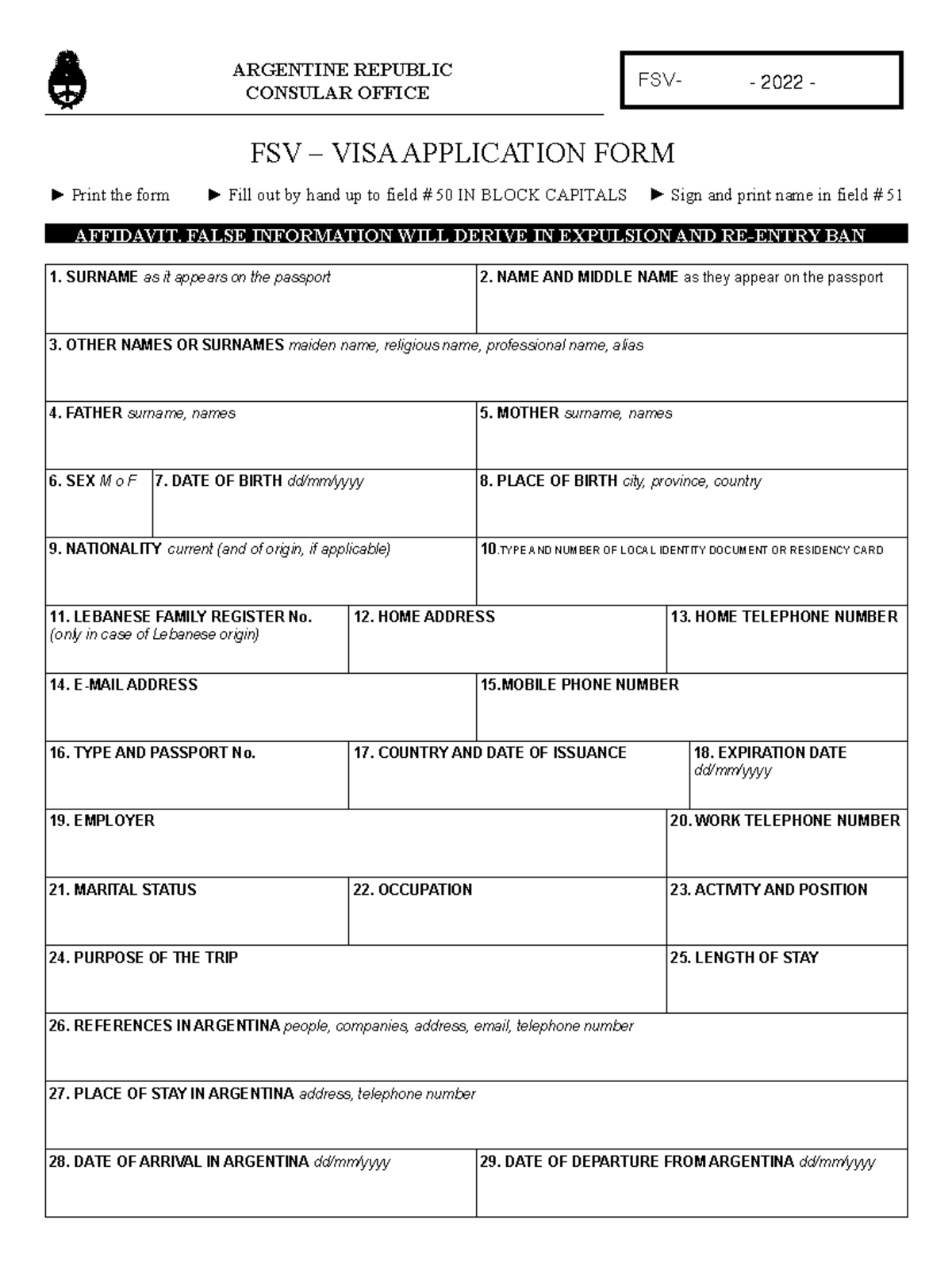 FSV Visa Application Form 2022 for Argentine Republic Consulate ...