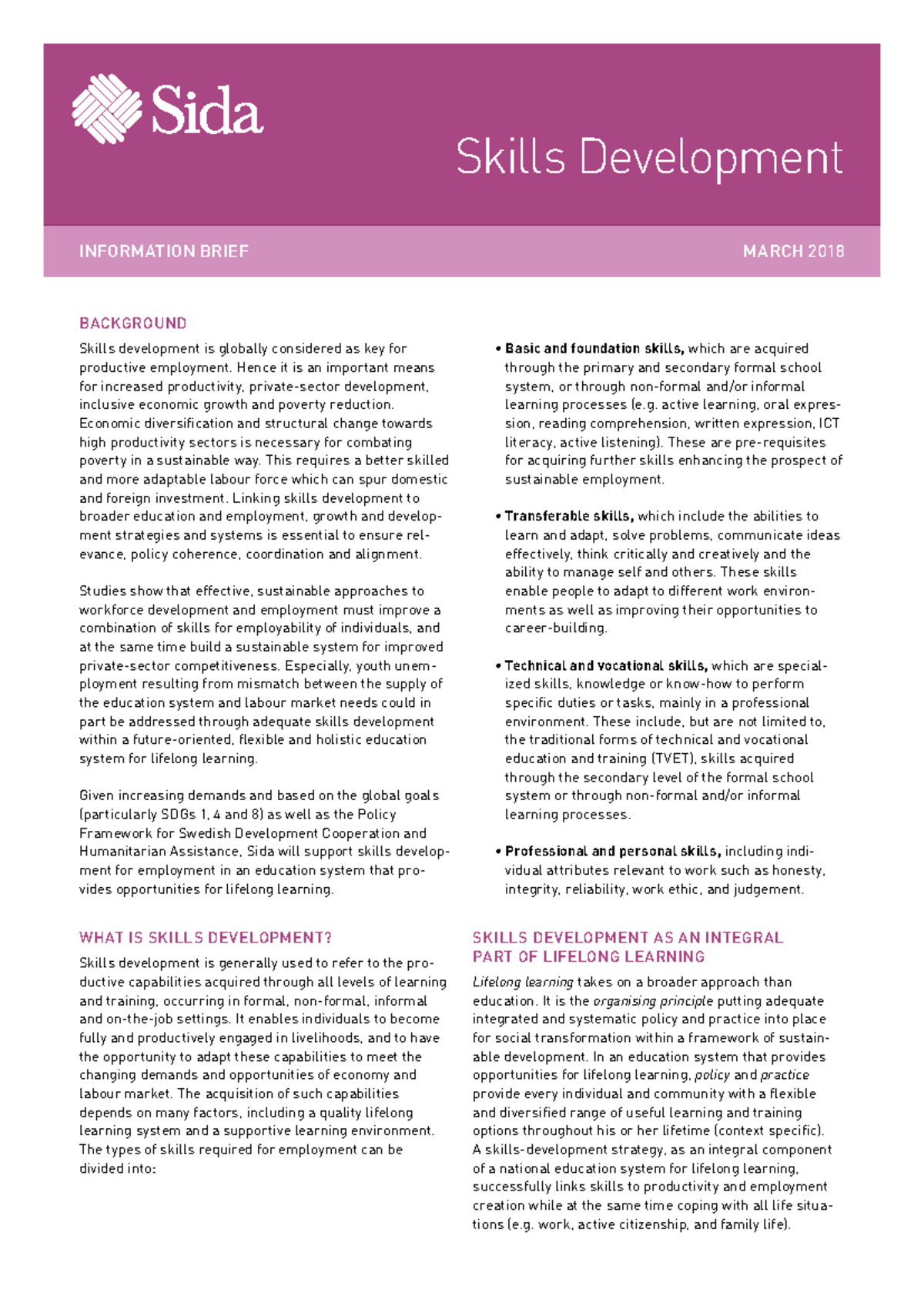 Sida62134 en-skills-development - Skills Development INFORMATION BRIEF ...