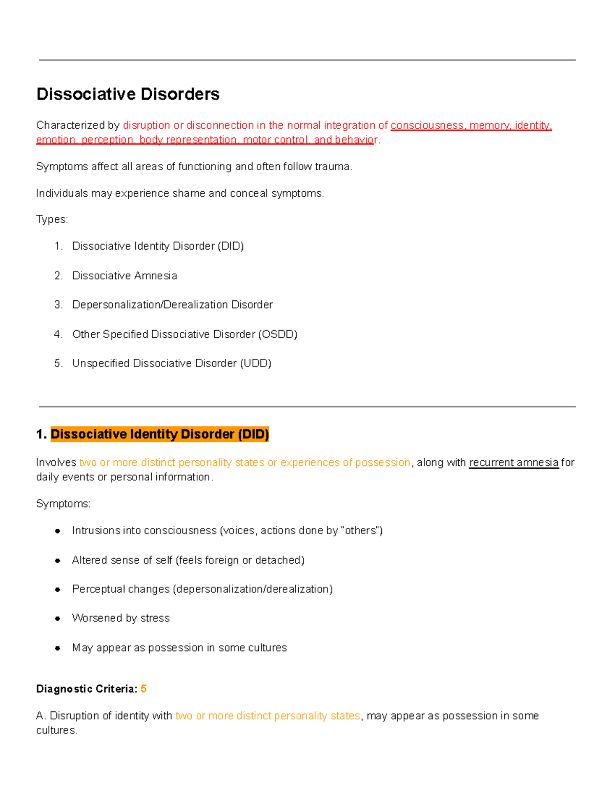 Dissociative Disorders Overview: Types, Symptoms, and Diagnosis - Studocu