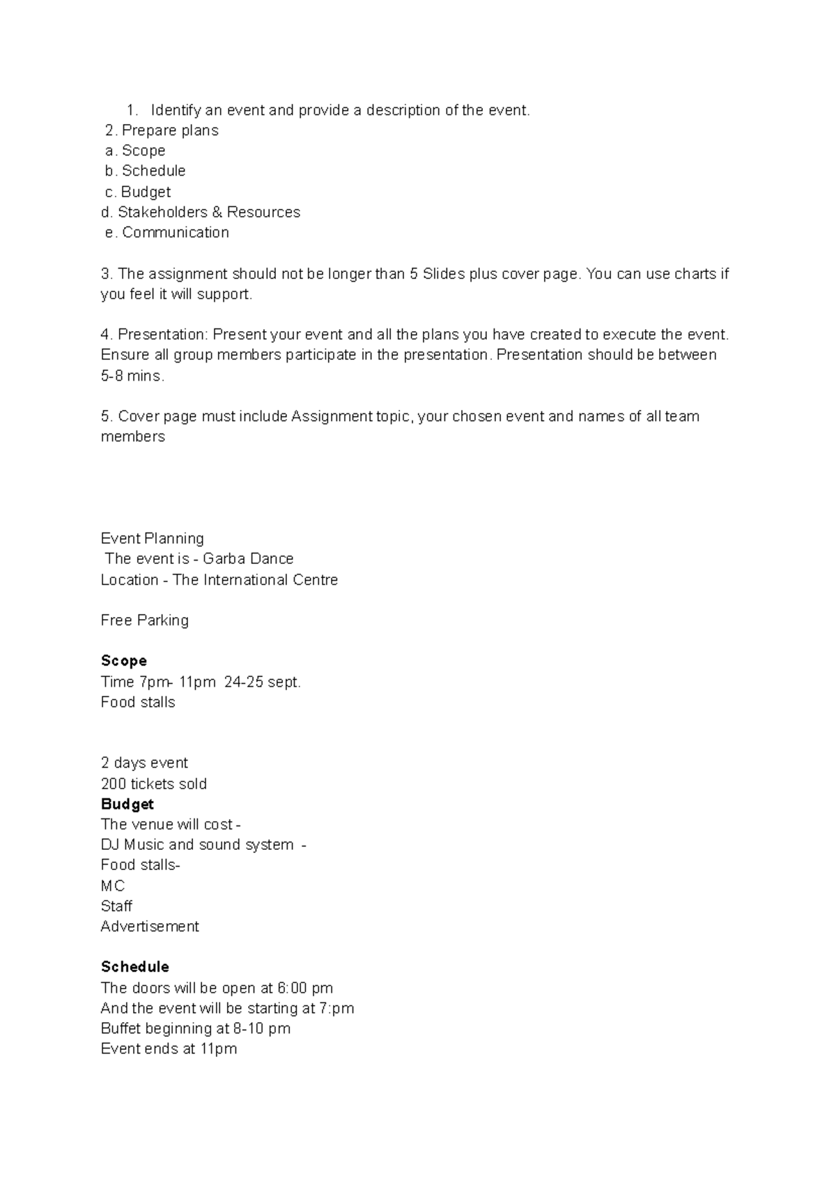 Event Planning - notes - Identify an event and provide a description of ...