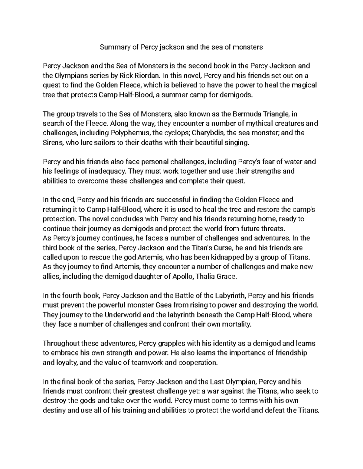 Summary of Percy Jackson and the Sea of Monsters: Key Insights - Studocu