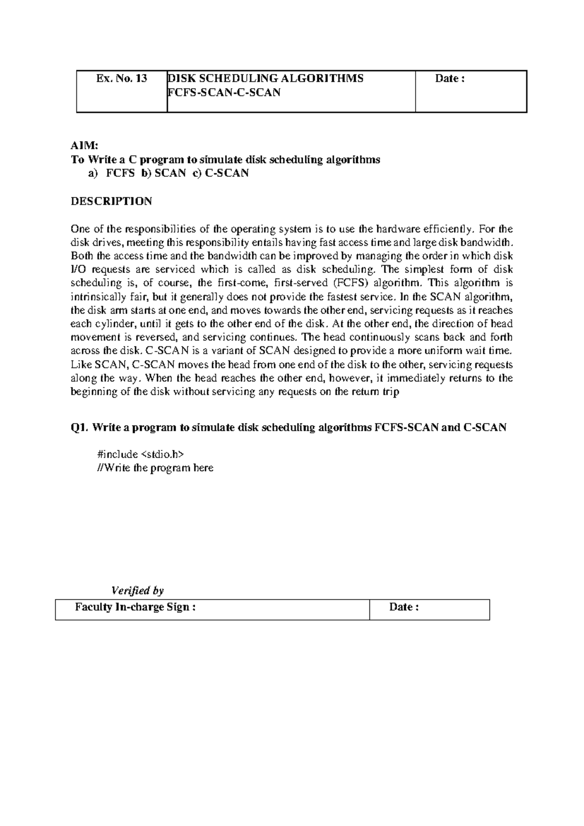 OS Lab Exp. 13 - Disk Scheduling Algorithms: FCFS, SCAN, C-SCAN - Studocu