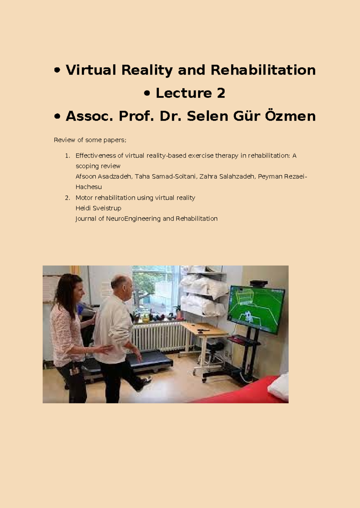 Lecture 2: Effectiveness of VR Therapy for Motor Rehabilitation - Studocu