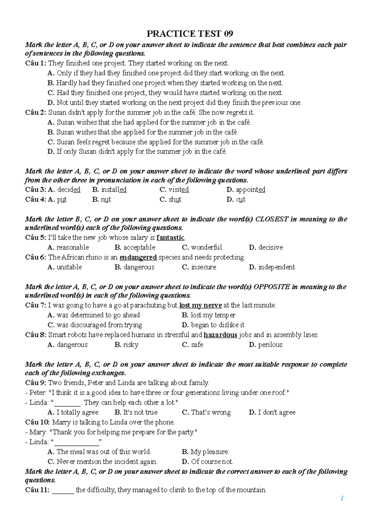 Practice-09 - PRACTICE TEST 09 Mark the letter A, B, C, or D on your ...