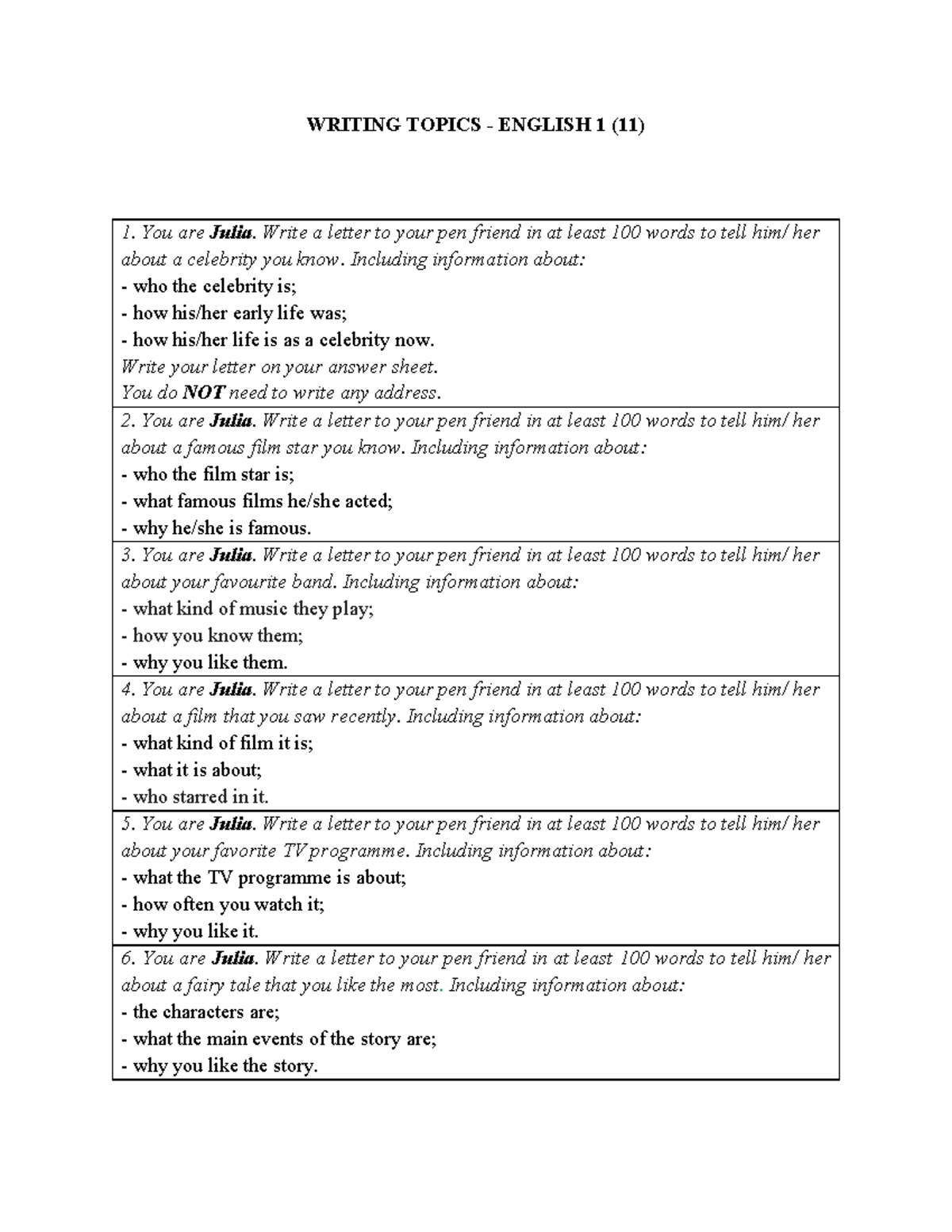 Writing-Speaking-topics.-E1 - WRITING TOPICS - ENGLISH 1 (11) You are ...