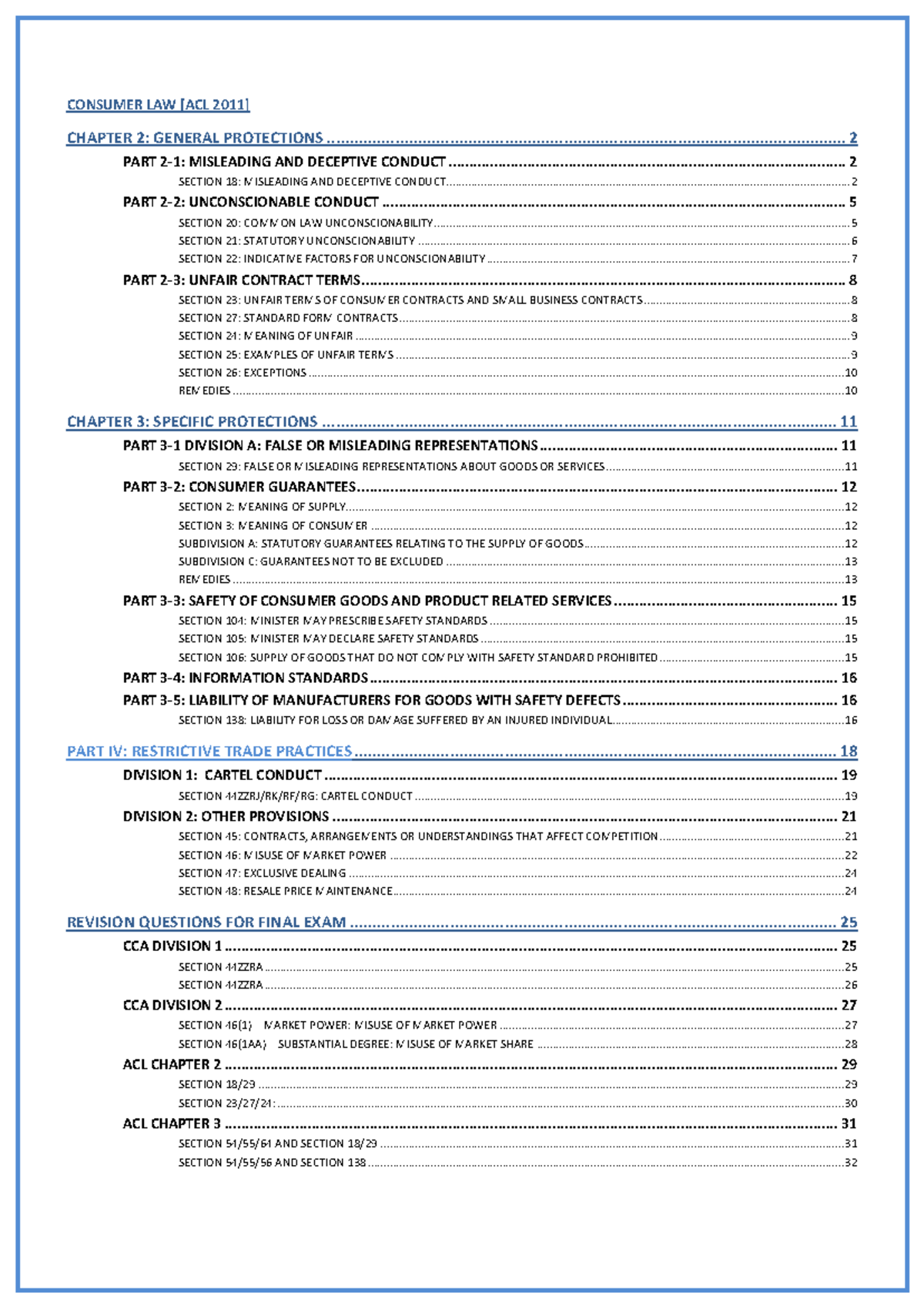 ACL 2011 - Consumer Law Case Study Notes for Final Exam - Studocu