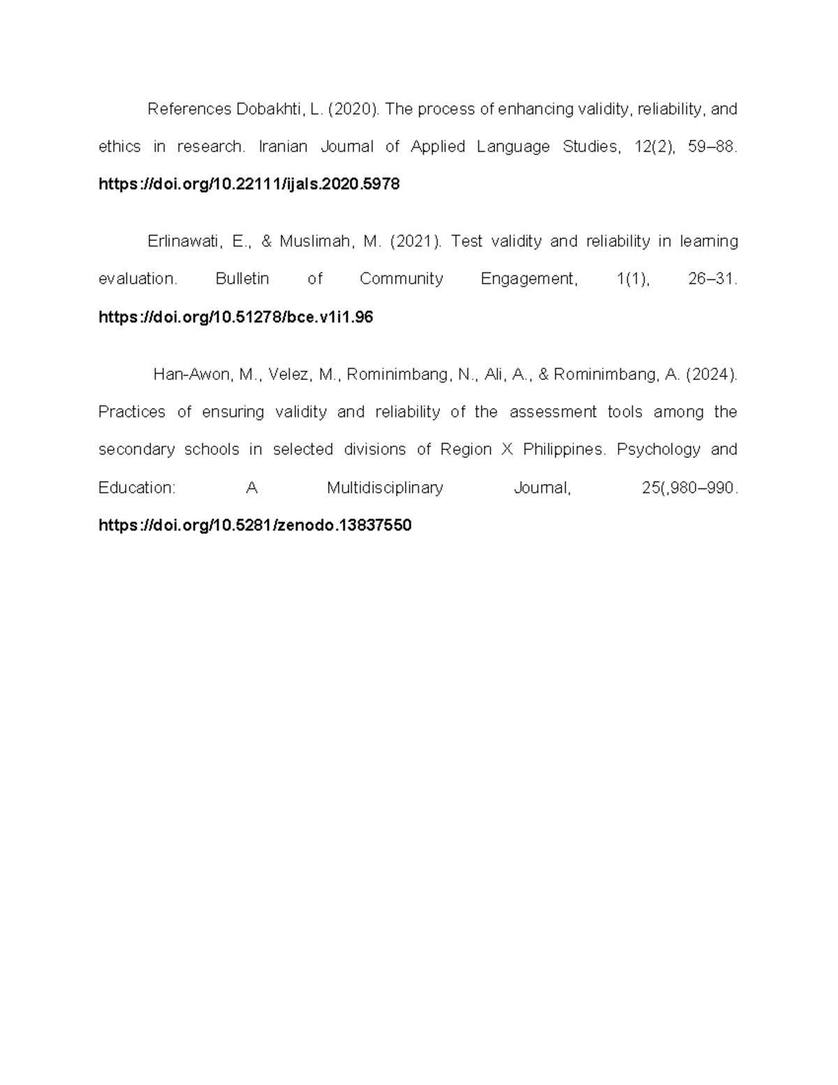 References of Validity and Reliability - References Dobakhti, L. (2020 ...