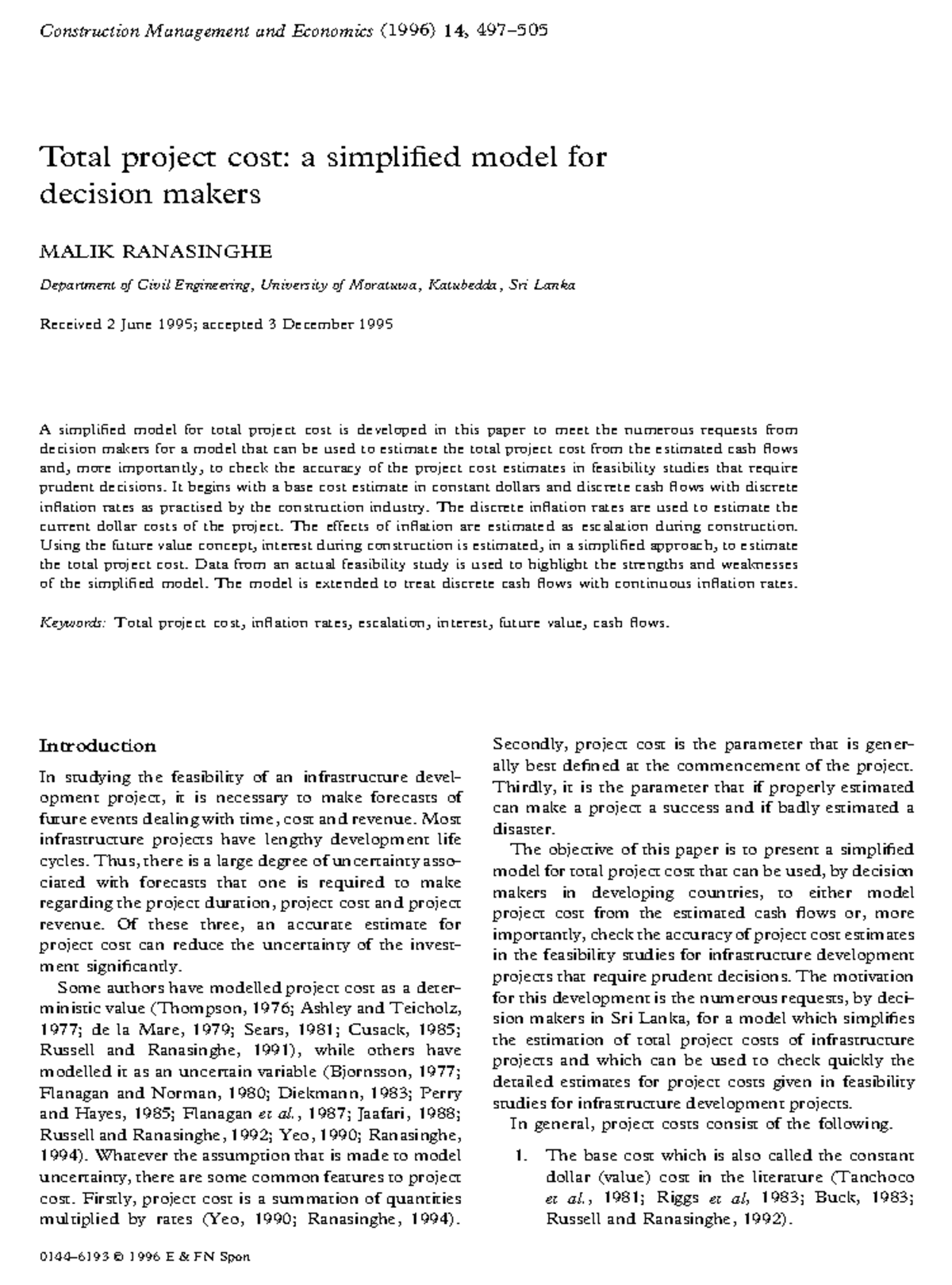 Total Project Cost: A Simplified Model for Decision Makers (CME 1996 ...