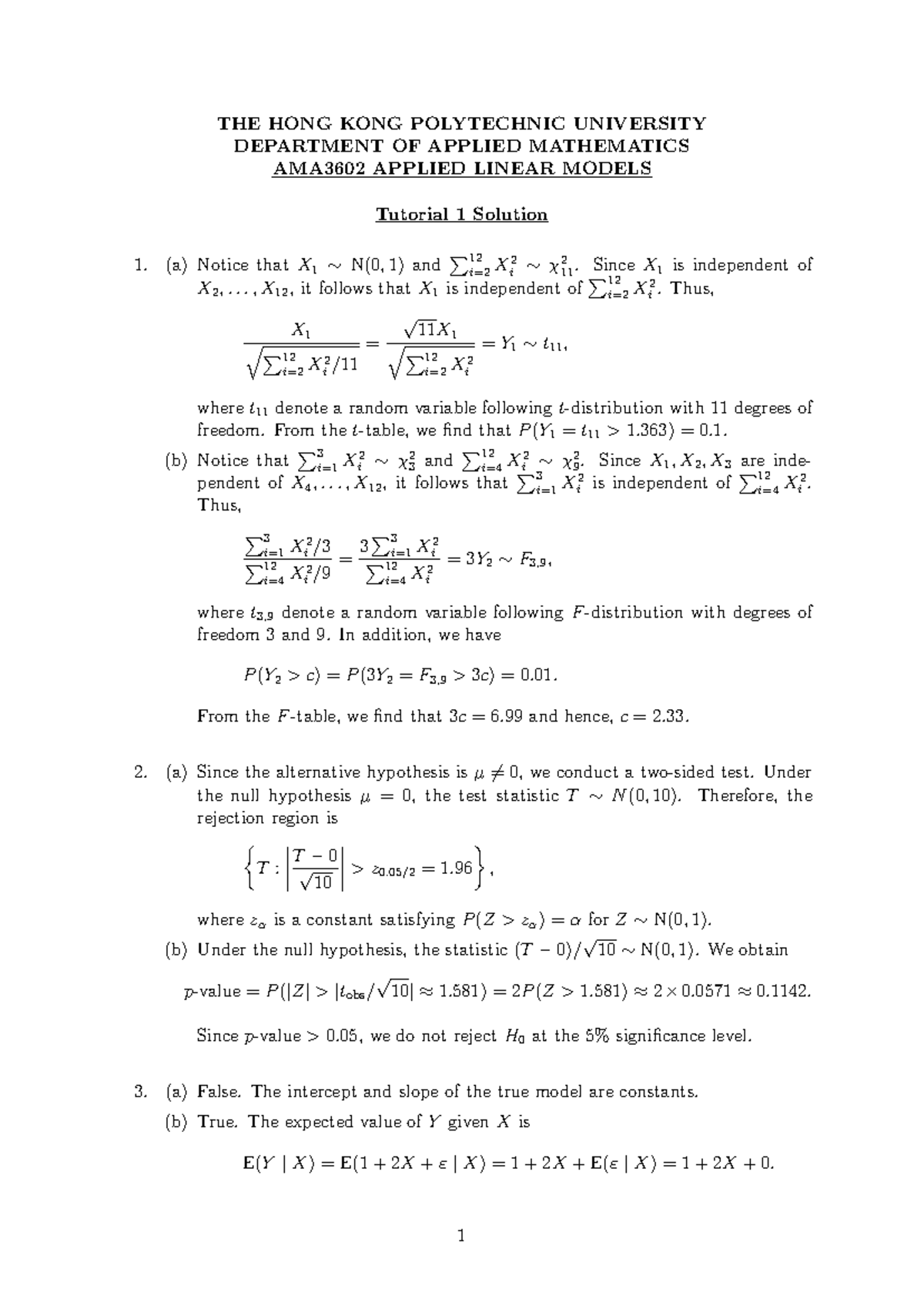 AMA3602 Applied Linear Models Tutorial 1 Solutions - Studocu