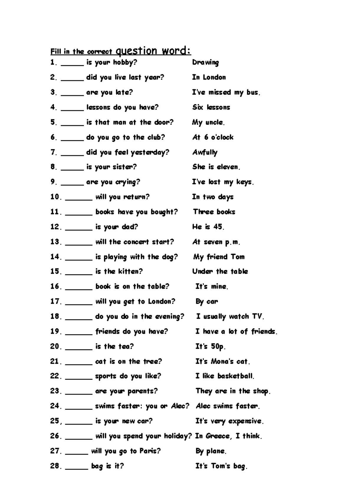 458940422 Question Words Exercise: Fill in the Blanks - Studocu