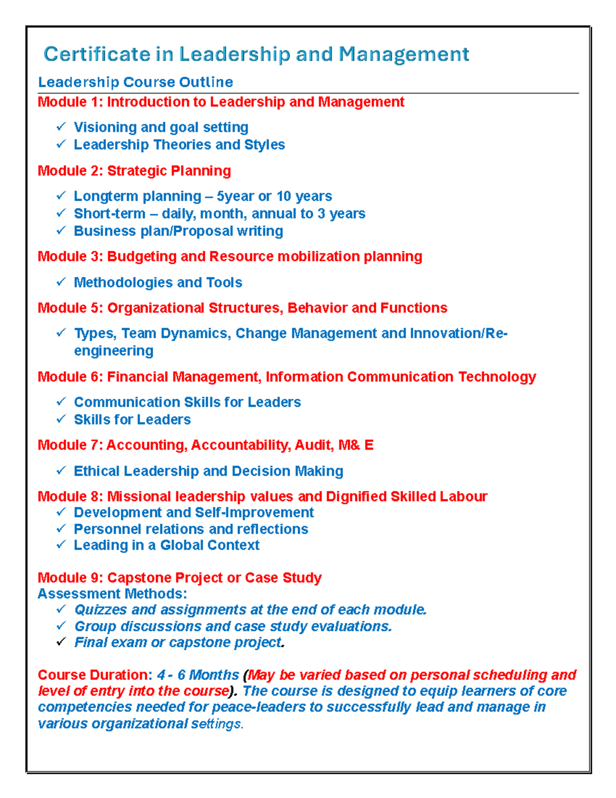 Leadership Course Outline: Key Modules & Competencies (4-6 Months ...