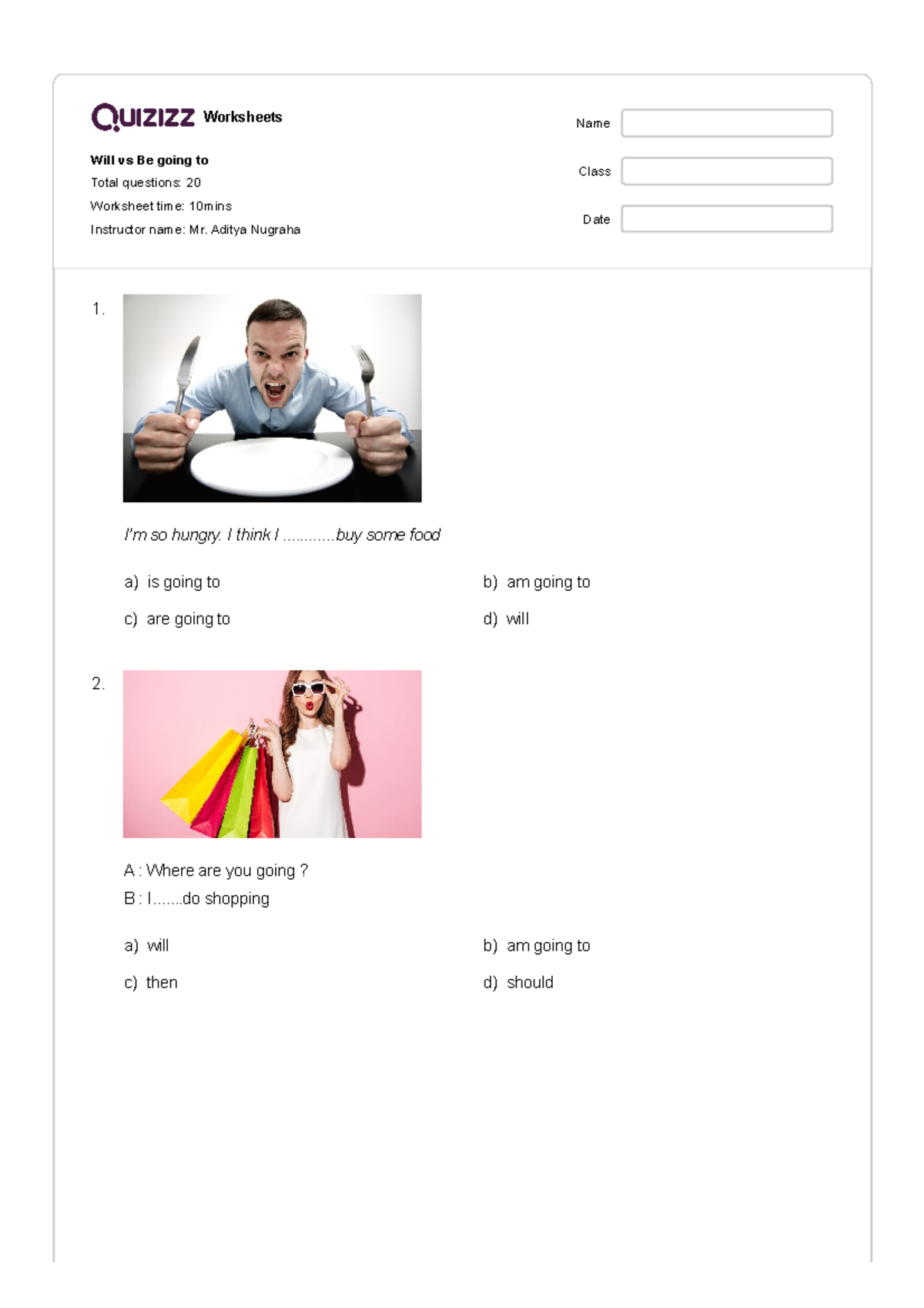 Worksheet: Will vs Be Going To (20 Qs) - English Grammar Exercise - Studocu