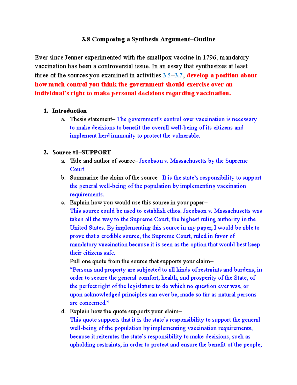 Synthesis Argument Outline: Government Control Over Vaccination - Studocu
