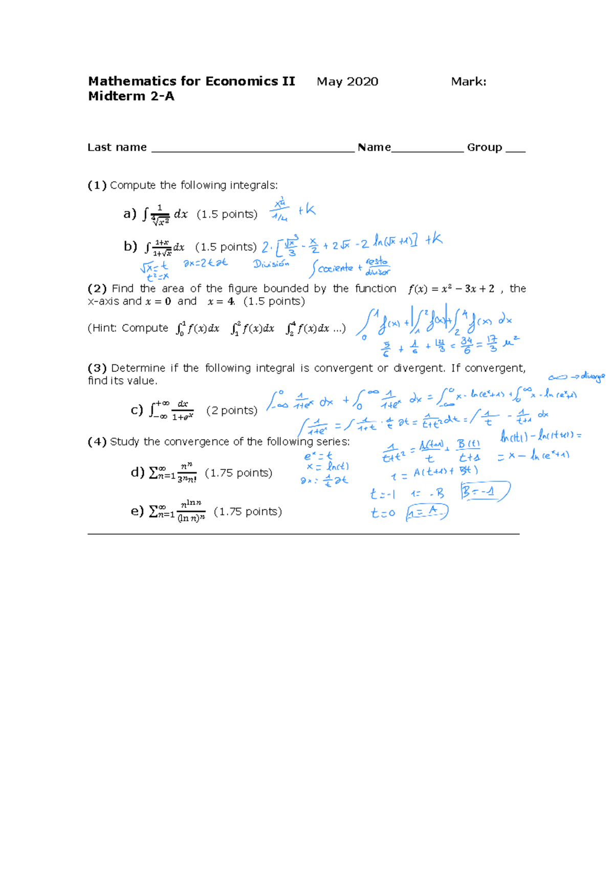 Midterm 2 MATH 201 Integrals and Convergence Problems - Studocu