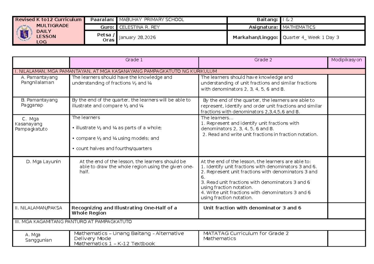 MATH-12 MULTIGRADE DAILY LESSON LOG: Fractions for Grade 1 & 2 - Studocu