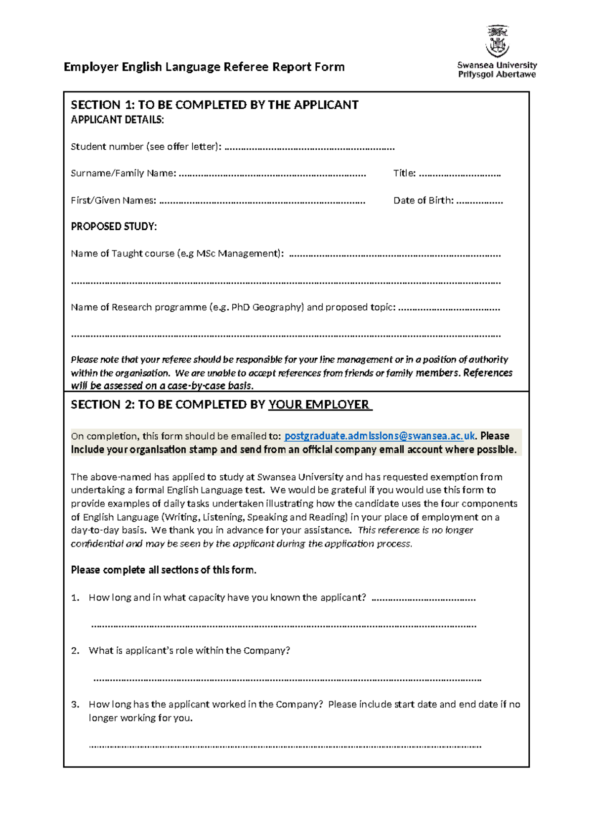 English Language Employer Reference Form for MSc Management Applicants ...
