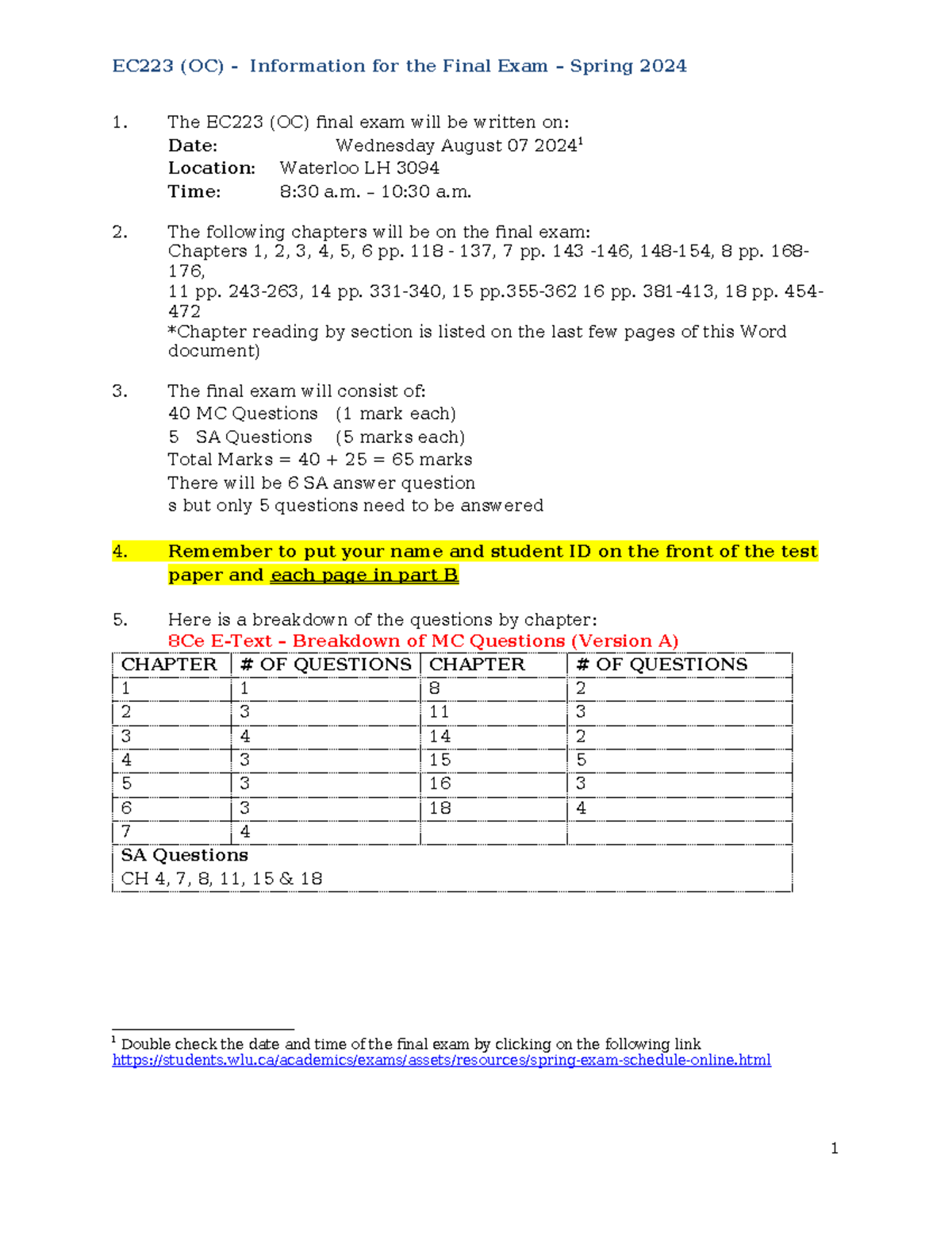 EC223OC - Final Exam Schedule & Chapter Breakdown S2024 - Studocu