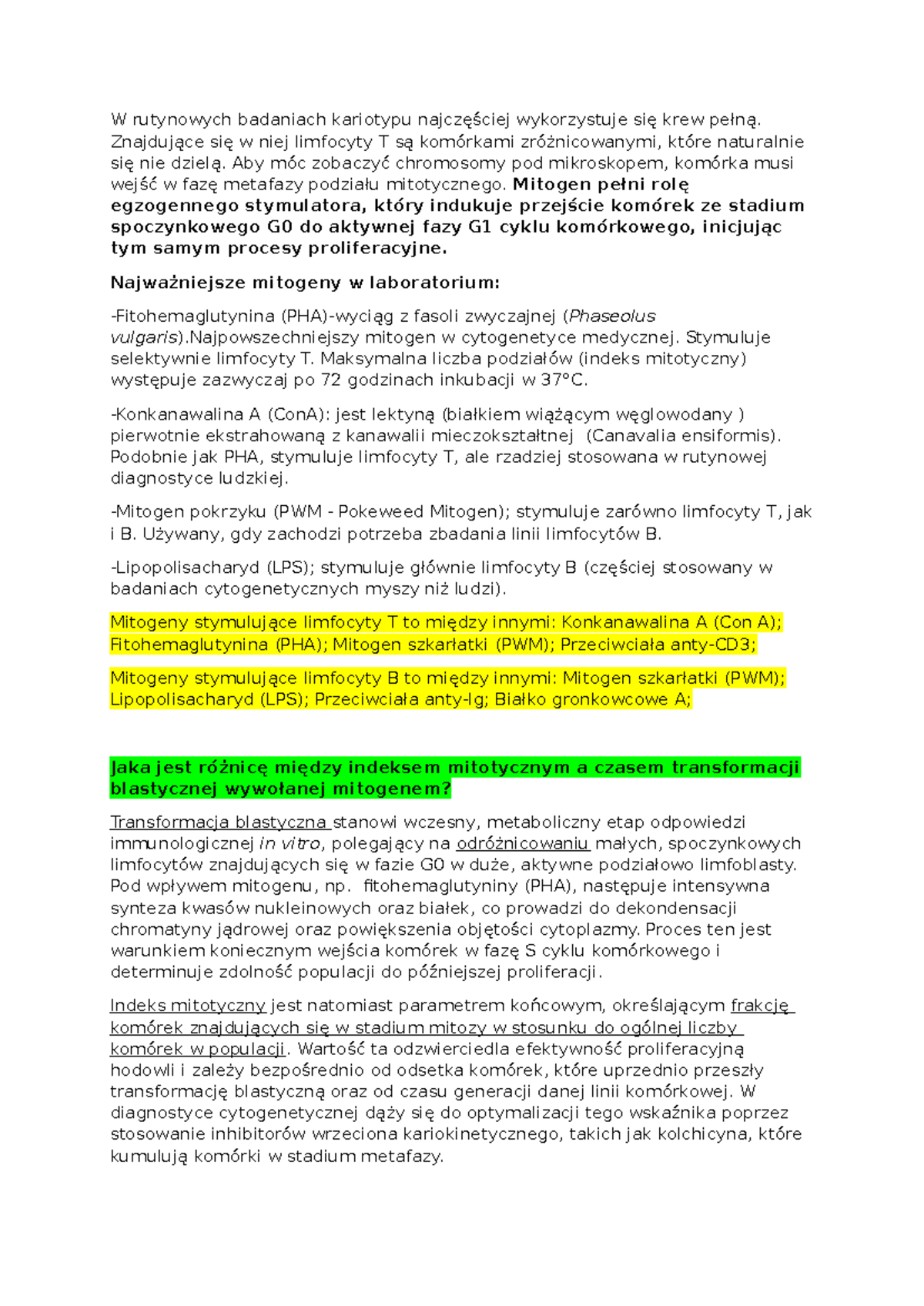Mitogeny i Inhibitory w Hodowli Limfocytów: Opis i Zastosowanie - Studocu