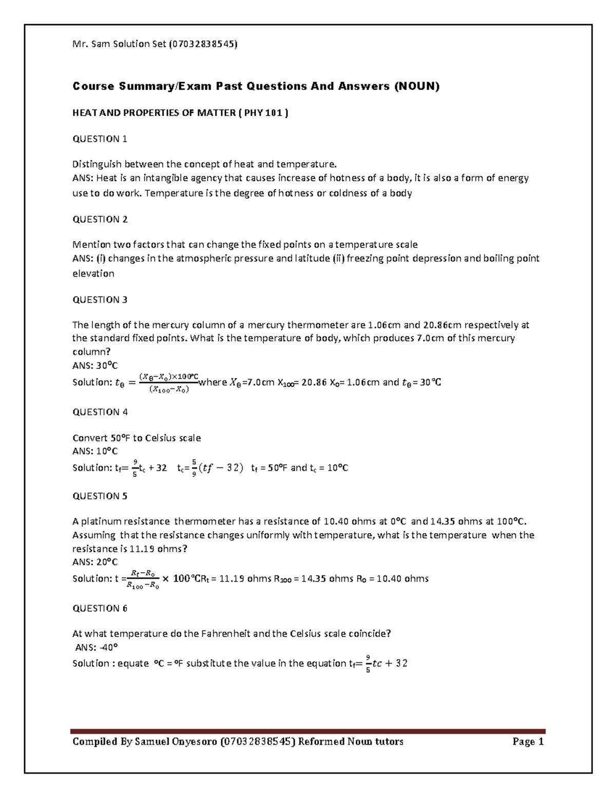 PHY 101 Course Summary, Past Q&A on Heat & Properties of Matter - Studocu
