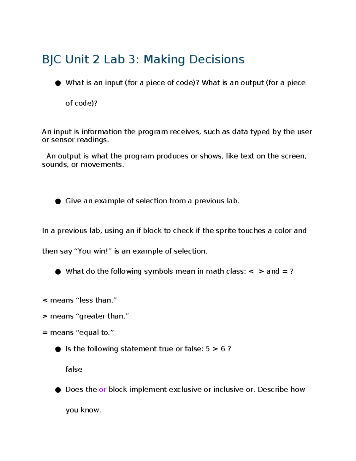 BJC Unit 2 Lab 3: Decision Making and Code Outputs - Studocu