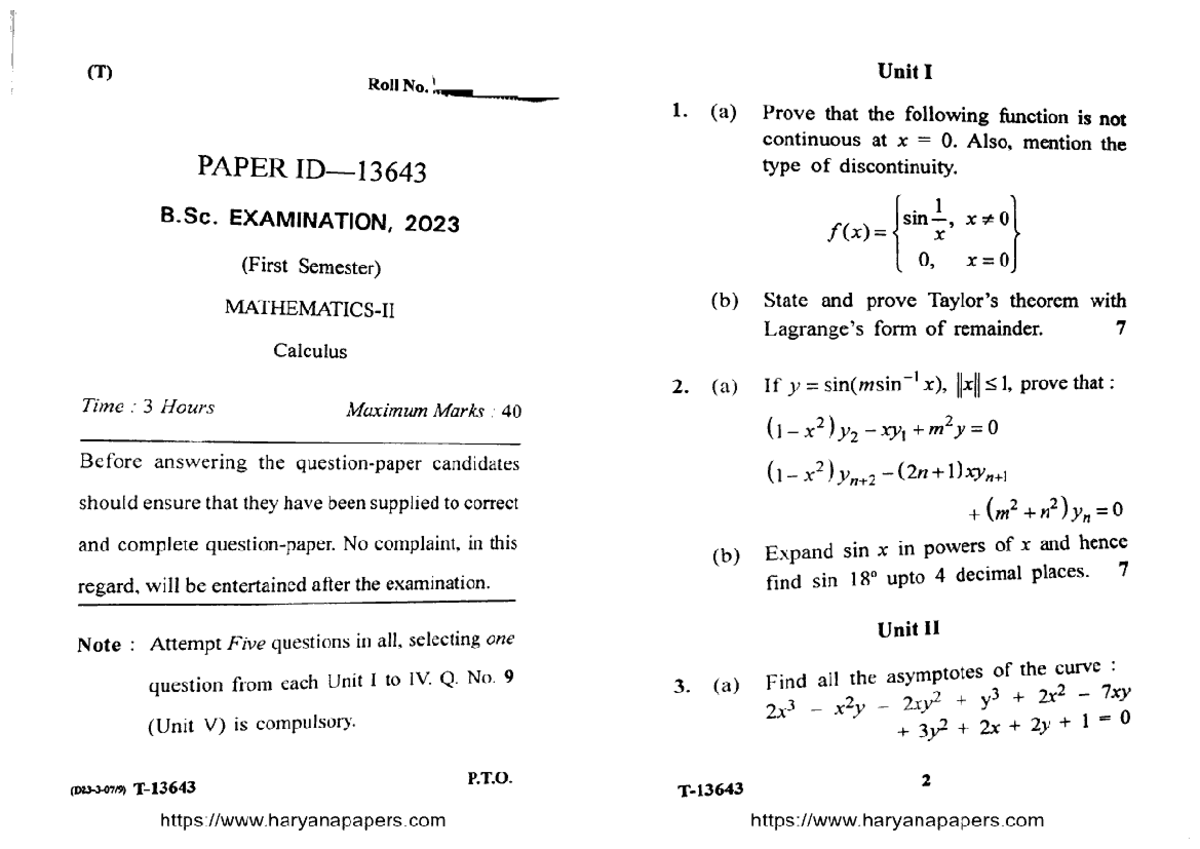 B.Sc. 1st Sem Mathematics II - Calculus Exam Paper 2023 - Studocu