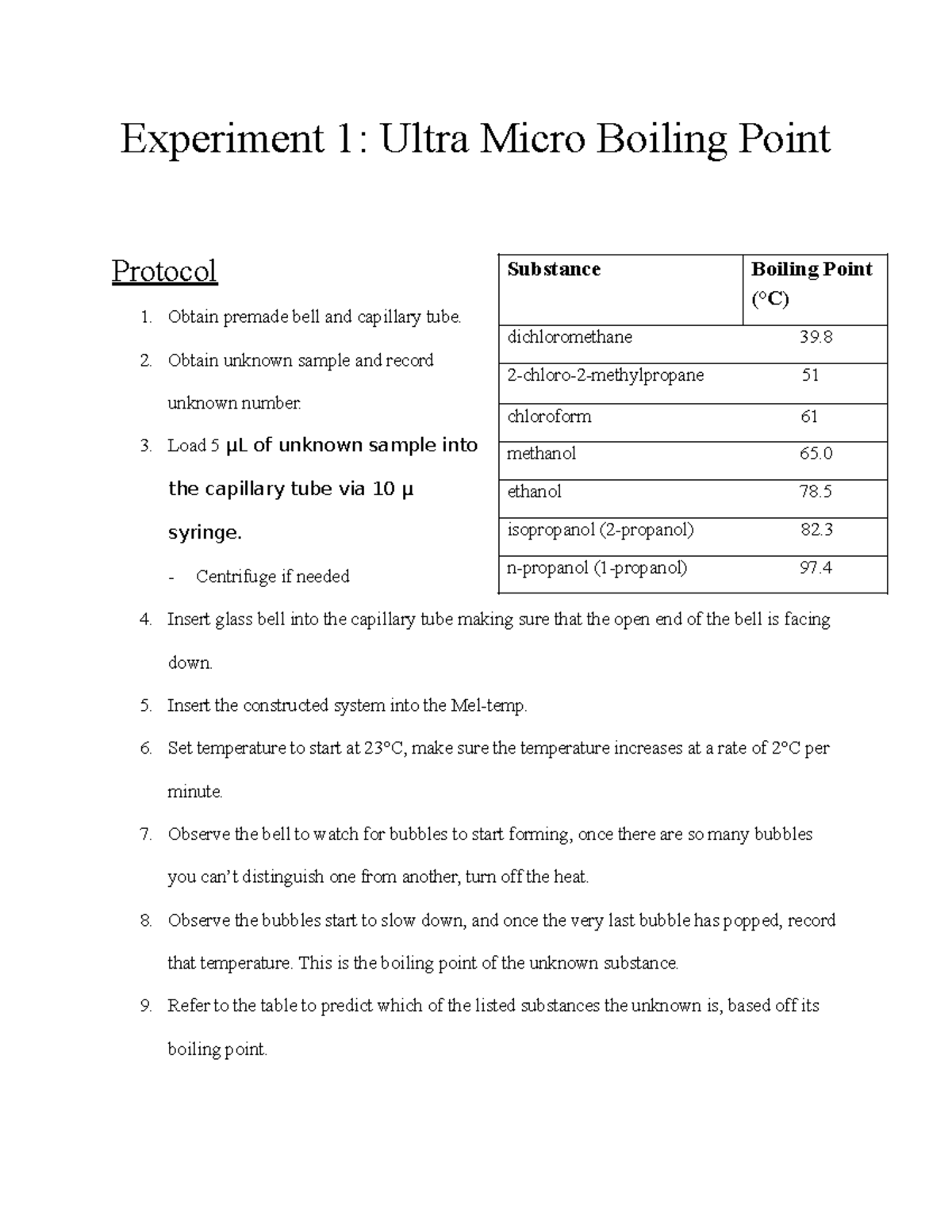 Exp. 1: Ultra Micro Boiling Point Protocol and Procedure - Studocu