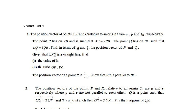 Vectors Part 1 & 2: Position Vectors and Geometric Relationships - Studocu